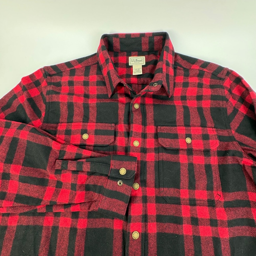 L.L. Bean Shirt Jacket Snap Front Mens L Red Black Buffalo Plaid Wool Blend